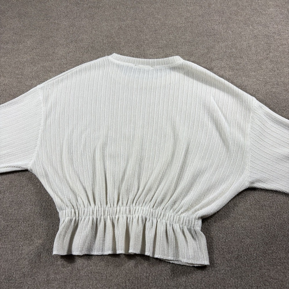 Zara Ribbed Knit Cropped Sweater White Cotton Crew Neck Lightweight Size M - Picture 5 of 6